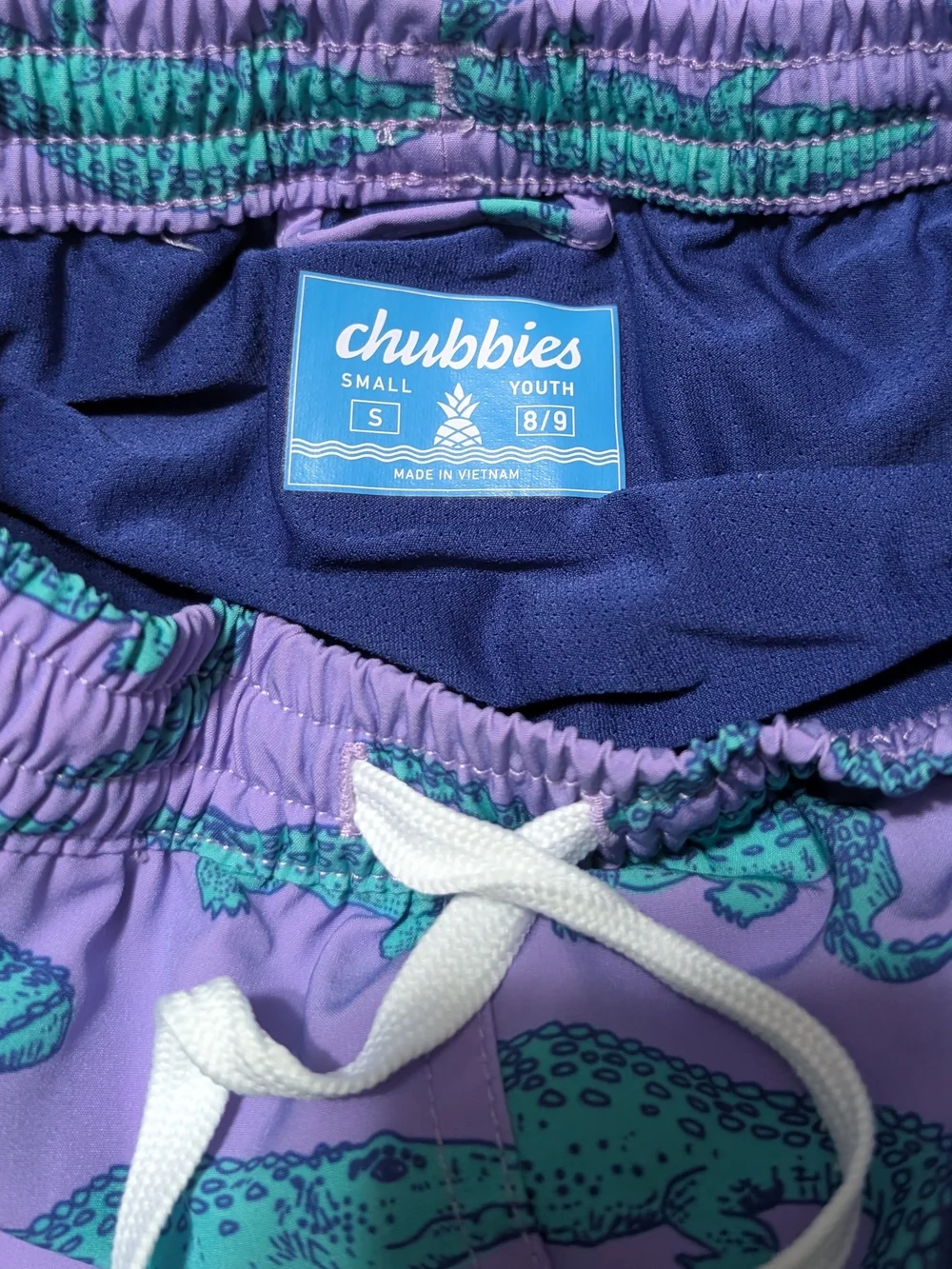 Kids Purple Alligator Print Swim Trunks